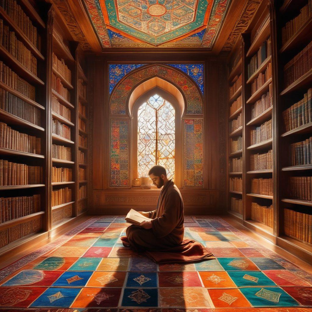 A serene library filled with ancient sacred texts, sunlight filtering through stained-glass windows casting colorful patterns on the wooden shelves. A person sits cross-legged on an ornate carpet, deeply engaged in reading a book, surrounded by floating symbols of various faiths. Soft ethereal light illuminating their expression of contemplation and curiosity. super-realistic. vibrant colors. warm tones.