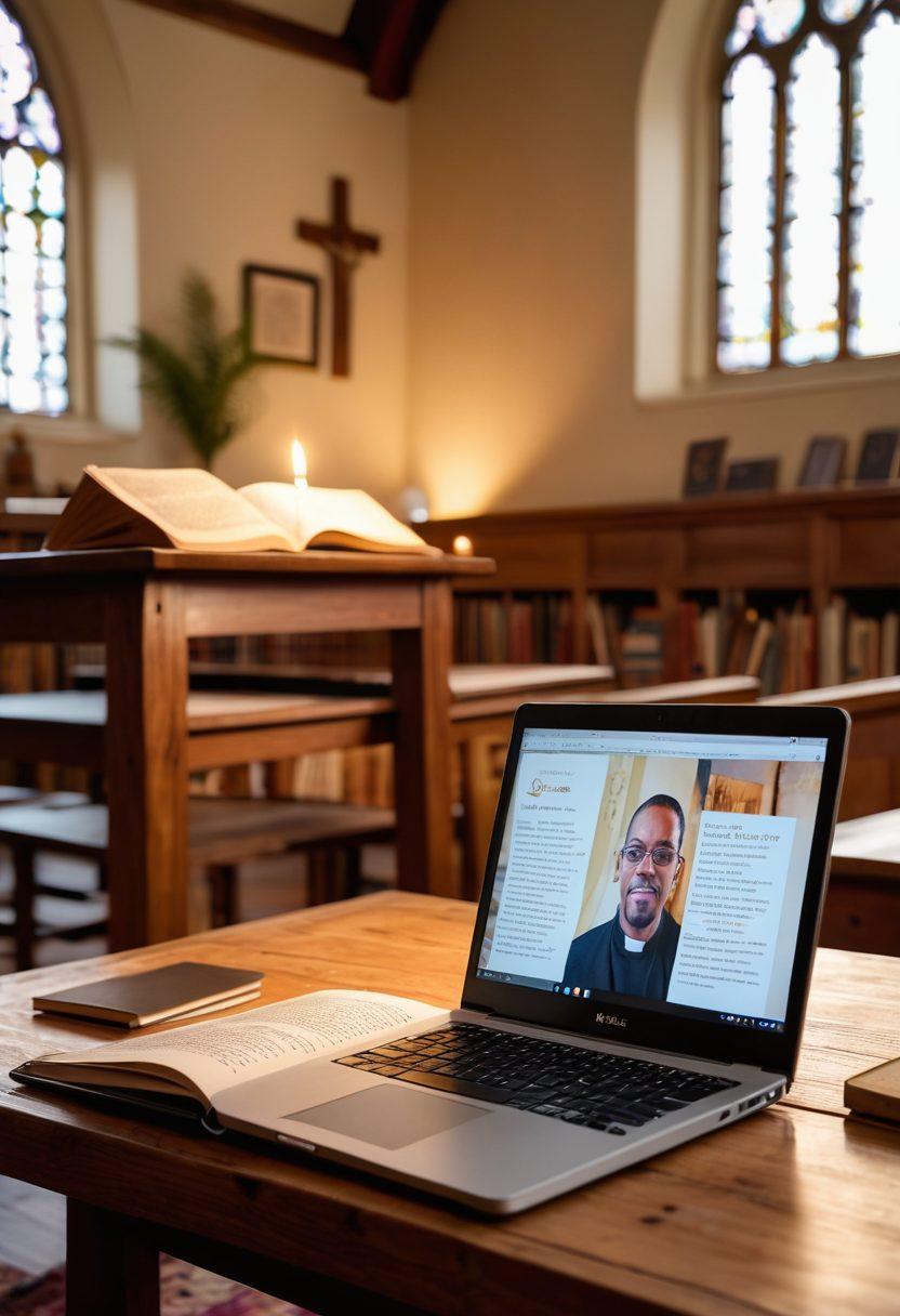 A serene scene depicting an open laptop resting on a wooden table, surrounded by devotional writings like scripture books and journals. A group of diverse individuals, including a priest, a blogger, and community members, engaging in animated discussion around the table. Soft, warm lighting illuminates the space to foster a sense of community and reflection. The background features a cozy church interior with soft stained-glass light filtering through. super-realistic. vibrant colors. cozy atmosphere.