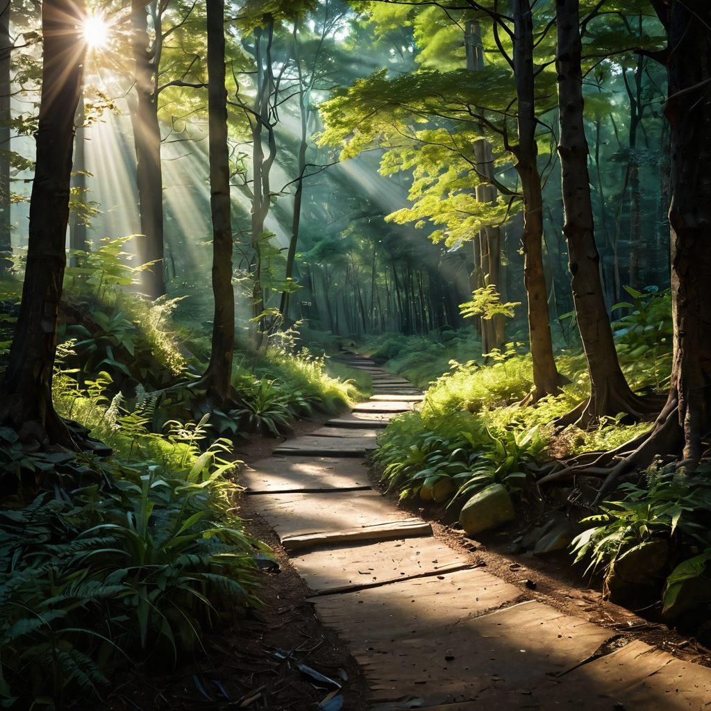 A serene landscape depicting a winding path through a tranquil forest, with soft rays of sunlight filtering through the trees. Along the path, open journals and quills scattered, symbolizing the journey of blogging intertwined with spiritual growth. In the distance, a subtle silhouette of a peaceful figure in meditation reflects the ordained ministry theme. Ethereal lighting enhances the scene, inviting contemplation and faith. super-realistic. vibrant colors. soothing atmosphere.